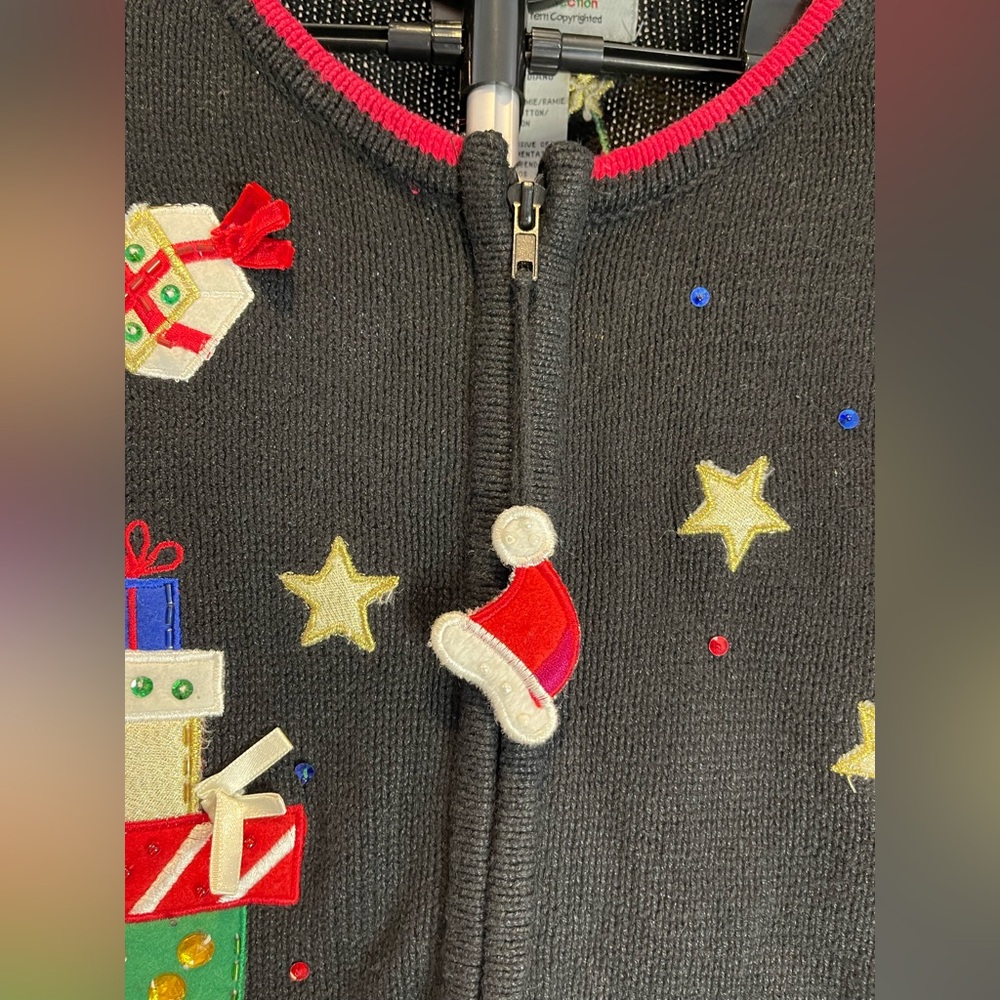 VTG Tiara Int'l M Black Ugly Christmas Sweater Zipper Cardigan Santa Embroidered - Picture 4 of 11